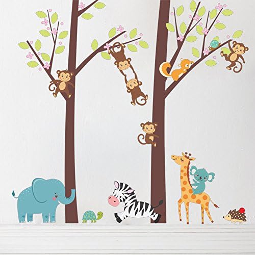 AWAKINK cartoon Forest Giant smeđe životinje Drvo žirafa Elephant Zebra Monkey zidne naljepnice zidna naljepnica vinil uklonjive umjetničke zidne naljepnice za djevojčice i dječake rasadnik Dječija spavaća soba
