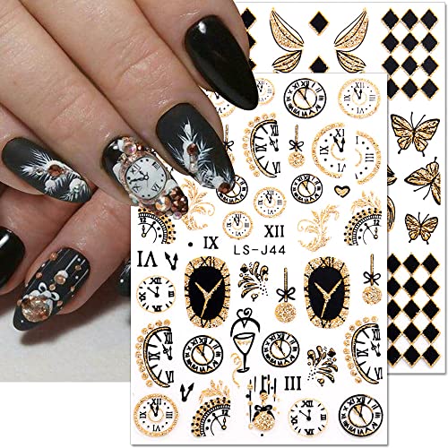 Gold Glitter New Year Nail Stickers 2023 Odbrojavanje Sat Vatromet Nail Art Naljepnice Božićno Drvo Champagne Baubles Elk Naljepnice Za Nokte Penguins Cat Butterfly Dizajn Noktiju Zimske Potrepštine Za Nokte, 8 Listova