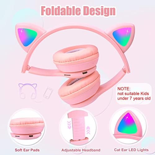 Wireless cat ear slušalice, dječje slušalice sa mikrofonom & amp;LED Light Up Cat, 85db siguran volumen ograničen, sklopive Kitty Headpones za online učenje, škola, putovanje, Tablet, Smartphone-podrška 3.5 mm Audio