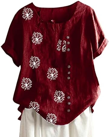 Maslačak posteljina za žene Vintage okrugli vrat kratki rukav majica za majicu Prevelike gumb Ljetne casual bluze