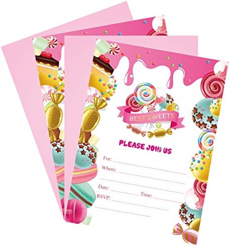 Cieovo Candyland Poziv, 25 komada Party Party Povlačenje pozivnica Karte i omotnice za slatki bombonski rođendanski vjenčani za bebe