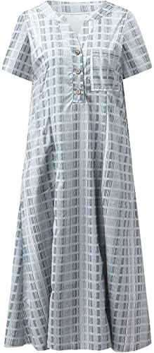 Ženska ležerna ljetna pruga ispisana gumb s kratkim rukavima V-izrez sa džepom duge haljine Flowy Midi haljina