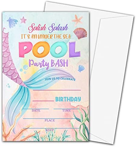 Sirena pod pozivnicama za rođendanske zabave na morskom bazenu - dječaci ili djevojčica rođendanska zabava Pozovite karticu za popunjavanje, za djecu i tinejdžerske poslovne zalihe stranke, 20 pozivnica sa kovertima - A016