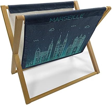 Magazin AMBESONNE FRANCE i držač knjiga, uzorak linearnog stila Marseille Skyline sa znamenitosti silueta, po podnim nosačem za kancelariju za ured kuće i škole, 22 x19, tamna noćna tirkizna