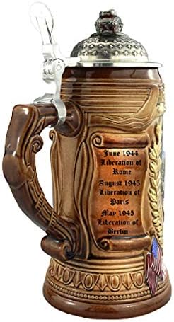 King njemački pivo 75 godina Stein, 0,75 litarski tenkard, pivska krigla sa oslobađajućim motivima, zlatna boja ručno slikanje, pewter poklopac sa figurinom spremnika Sherman