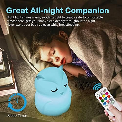 Xianfei Cartoon Owl Kids noćno svjetlo s daljinskim upravljačem, prijenosni senzor na dodir 9 boja mijenja noćno svjetlo u noći, punjiva