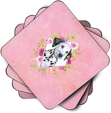 Caroline's blago CK4136FC dalmatinsko štene ružičasto cvijeće pjena za pjenu set od 4, 3 1/2 x 3 1/2, višebojni