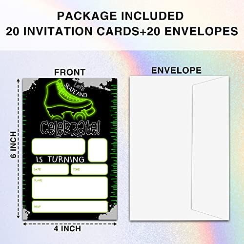 Ziiufrn Zeleni valjak za rođendan Pozivnice sa kovertama, 20 setova Neon Skijanje tinejdžera za rođendan Personalizirani pozivi za dječake-B15