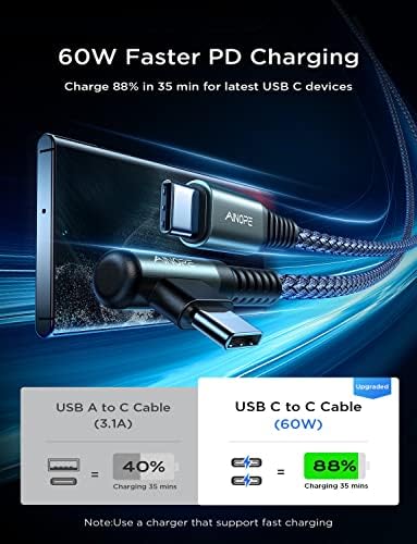 Ainope 60W USB C do USB C Kabel 4-pakovanje C do tipa C Kabl Pravi ugao Super Brzi punjenje USBC do USBC CORD 10FT + 6,6ft + 3,3ft