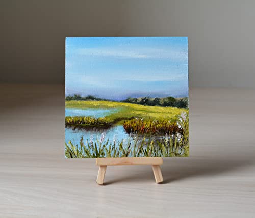 Pejzažno malo ulje / livada, nebo, brda, polja, drveće, jezero,rijeka / minijatura na gessobord panelu 5,9x5.9