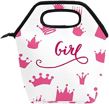 Izolovana kutija za ručak, Pink Crown Princess White hladnjak za višekratnu upotrebu, vodootporni termo komplet za obroke sa glatkim patentnim zatvaračem, nepropusna torba za ručak za djecu/odrasle