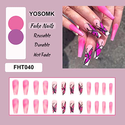 YOSOMK Press on Nails Long Pink Butterfly False Fake Nails Acrylic Nails Press On mat Coffin Artificial Nails for Women Stick on Nails with Glue on Static nails