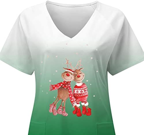 Božićni piling vrhovi Žene smiješni kratki rukav V izrez Računarska radna odjeća Gradient Slatka grafička pilinga Košulja sa džepovima
