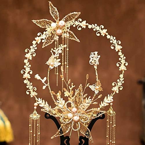 ZJHYXYH Zlatni ventilatorski buketi ručno izrađeni cvijeće perli mladenki metalni okrugli ručni ventilator za vjenčanje