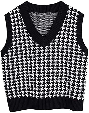 Džemper prsluk za žene Casual Slatko Houndstooth V izrez Moda Y2K vrhovi Grafičke majice Majice Mekani kombinirani tenk Top Tunika Jesen