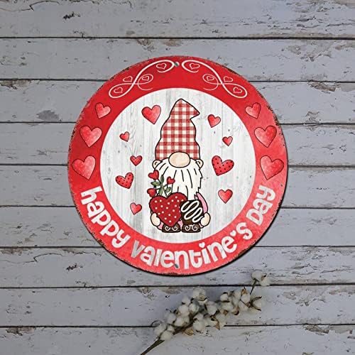 Okrugli metalni valentinovo vijenac potpisuje slatka gnome crvena kosilica za odmore za odmor za odmor rustikalni metalni vijenac Znak za dnevni boravak s prednjim vratima Početna zidna dekor 9 inča