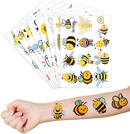 8 listova pčelinjih privremenih tetovaža za djecu, ukrasi za rođendanske zabave zalihe zabava favorizira večeru slatka naljepnica za tetovažu pčela stil poklon ideali za dječake i djevojčice škole nagrade tematski