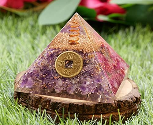Pyor Amethyst orgone piramide sa bakrenim zavojnim Crystal Point Pyramid Feng Shui novčića orgonita Kamena papirnate težine Crystals Crystals Wealth Prosperitet E-E-E-energetski pribor za meditaciju e-energije Veliki kamenje