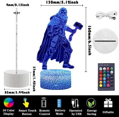 Noćno svjetlo za djecu, Thor Super heroj Thunder Man Zeus 3d Illusion Lamp 16 boje mijenja dodir & amp; daljinsko upravljanje soba