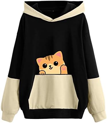 Crna ženska boja Blokock Sun Cat Relapirani Fit Plus Veličina džemper s kapuljačom dugih rukava Kawaii toplo s kapuljačom za kapuljaču