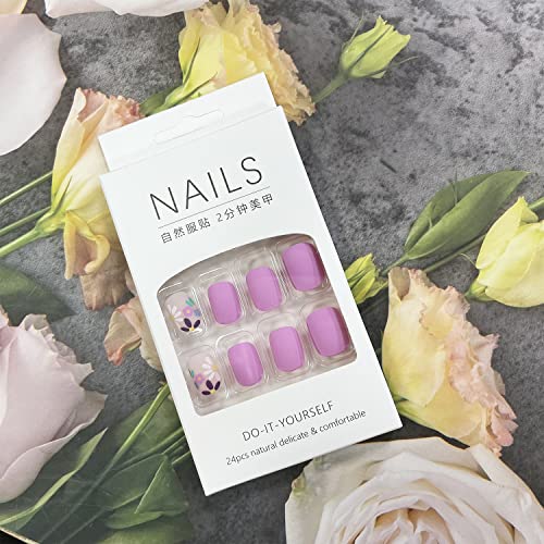 Pink Square Press na noktima kratki lažni nokti dizajn cvijeća akrilni štapić na noktima puni poklopac mat lepak na noktima lažni nokti za žene djevojke Spring Nail Art 24kom