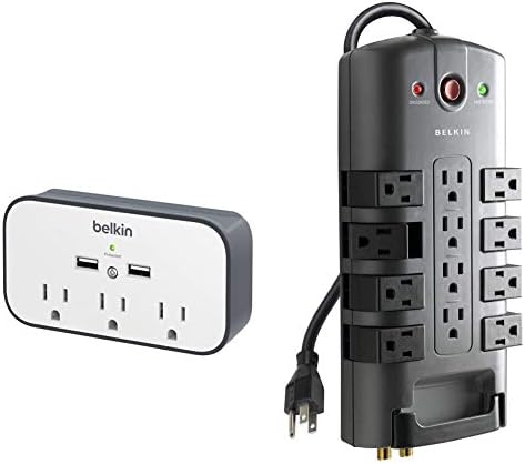 Belkin 3-outlet zidni nosač prenaponski zaštitnik sa dvostrukim USB punjenjem portovima i 12-utičnice za zaštitu snage za napajanje, 8ft kabel