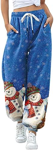 Žene Dukseri za božićne printere rastezanje visokog struka opuštene fit široke nogave hlače snjegović labavi fit casual tweatpants
