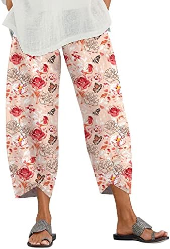 2023 pamučne posteljine, povremene široke noge labave fit cvjetne tiskane joge capris udobne modne obrezane hlače s džepovima