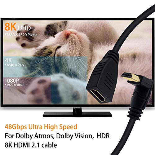 Poyiccot 8K HDMI produžni kabel, kratak HDMI 90 stupnjeva ugao do ženskog HDMI 2.1 Kabel 48Gbps sa 8K 60Hz Video i 3D HDR za TV / Xbox / PS4 / PS5, 0.5feet