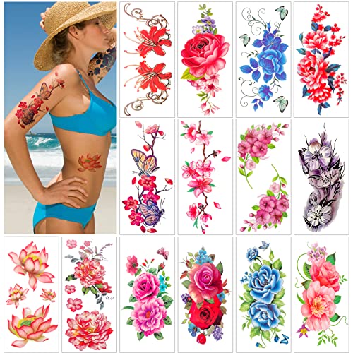 Cvijet privremene tetovaže za žene Teens djevojke, Konsait Rose Lotus Cherry Blossoms vodootporan Privremeni Tattoo Festival lažni Tattoo Body Art naljepnice za ljeto plaži bazen Party