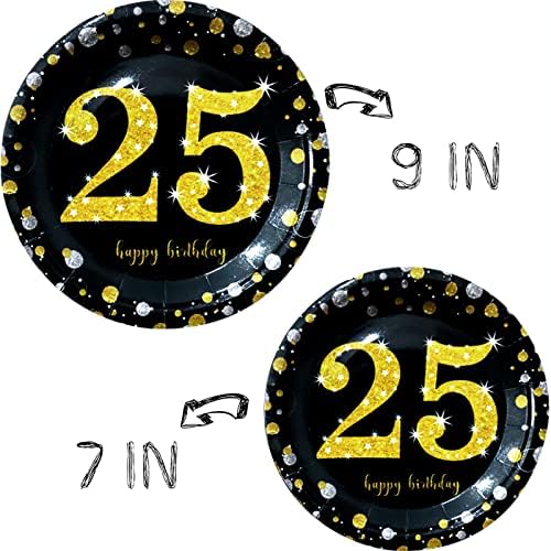 Trgowaul potrepštine za 25. rođendan-crno-zlatni set posuđa za 24 gosta za jednokratnu upotrebu, papirni tanjiri, salvete, šolje,