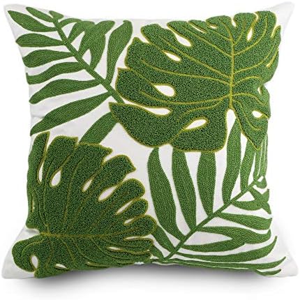 Hodeco Dekorativni jastuk za bacanje 18x18 Tropsko zeleno lišće za vez podne jastuk za kauč pamučni jastuk pokrov jastuk postrojenje Monstera Leaf Loop vezena 45x45cm, 1 komad