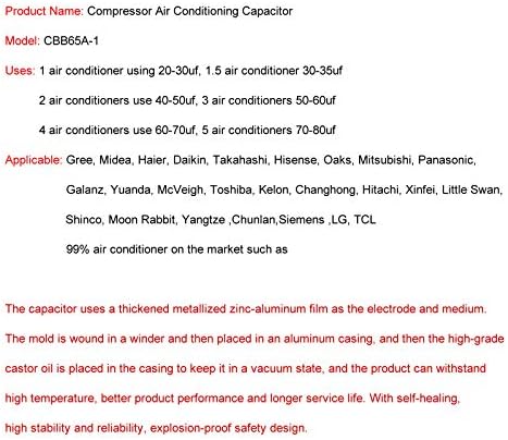 METER STAR ROHS CQC EN60252-1 Univerzalni kondenzator kompresora klima uređaja 20-75UF CBB65A-1 450VAC 50 / 60Hz C S2 SH 40/70/21