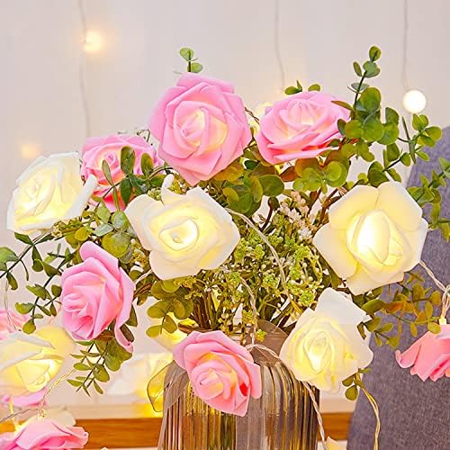 LED Pink White Rose Flower Lights 9.8 ft 20 LED simulacija ruže pjenaste lampe za fenjer za Majčin dan vjenčanje, Valentinovo, rođendan,
