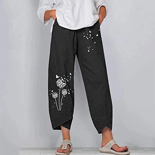 Wocachi ljetne kapri hlače za žene, casualti džepovi pamučni posteljina široka noga elastična struka kaprisa obrezane hlače
