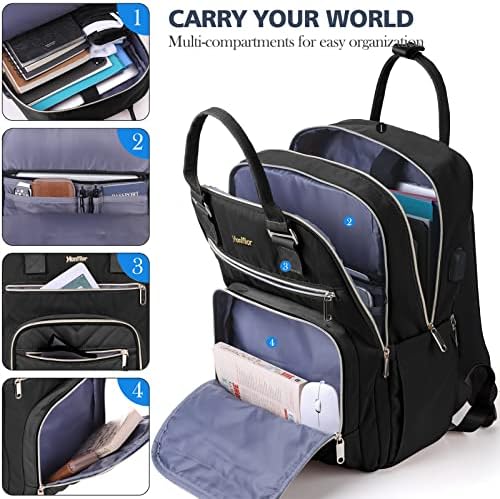 Yiormior ruksak za žene, putni ruksak za prijenose za prijenosna računala s lukom za punjenje USB, vodootporna školska kolekcionarska torba za žene uklapaju se 17,3 inčni laptop i prijenosnih računala - crna