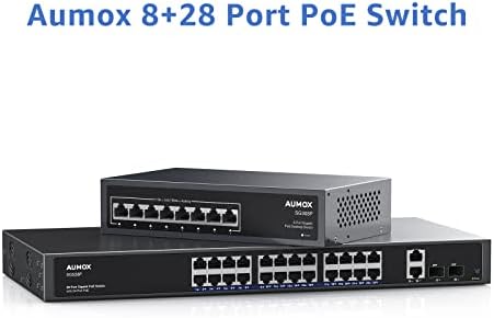 AUMOX 8 Port + 28 Port Gigabit POE prekidač, 120W / 400W Gigabit Ethernet Netvened Network prekidač, utikač i reprodukcija, čvrsta