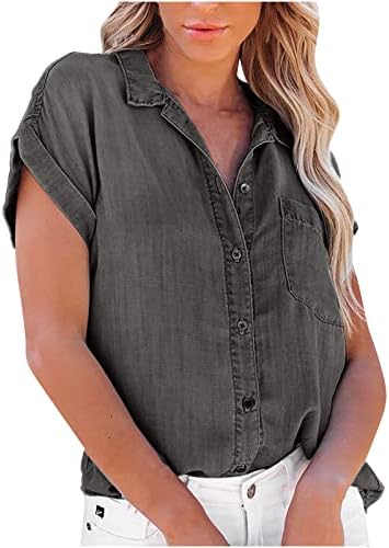 Ženski gumb dolje Radna bluza Casual majica s kratkim rukavima Ogrlica sa labavim vrhovima CHAMBRAY traperice Tunic Thirt