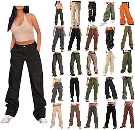 NDVYXX Ženske teretne hlače velike struke ravne noge duge hlače Ležerne sa više džepova Slim Fit na otvorenom padobrane hlače