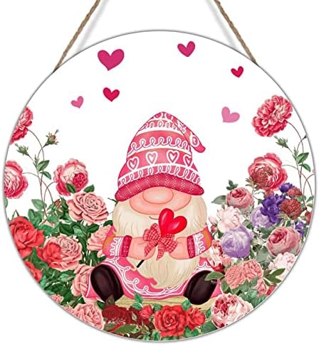 Wood Wall Art Sigl Valentinovo Gnome Cvjetni volite prednja vrata vijenac ružičasta i crvena ruža cvjetna srca gnome zidni dekor potpisuje krilo kupid valentin koluta za kućni ured 10x10in