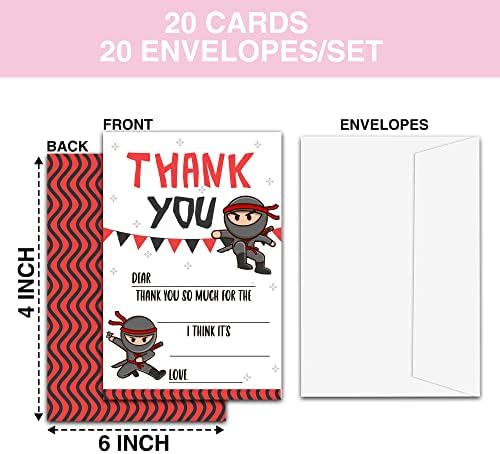 Mumeed rođendanske zahvalnice sa kovertama, crveni Ninja popunite prazne zahvalnice, Set od 20 komada, potrepštine za dekoraciju rođendanske