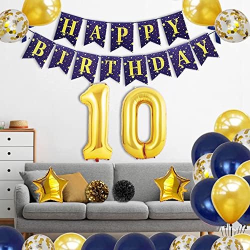 YujiaOnly Deset rođendanski ukrasi - sretan rođendan Baner zlata 10. Baloni Happy Rođendan Sash Latex i Confetti Baloni savršeni za 10 godina Old Party Balloons Tamno plava
