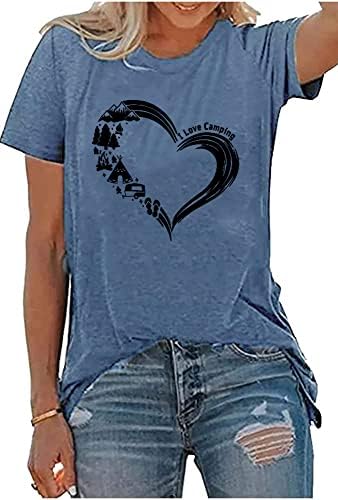 Žene Volim kamp majicu simpatično kampiranje srčano grafičko ljeto vacivno na otvorenom casual atletski kratki rukav o vratu TEE