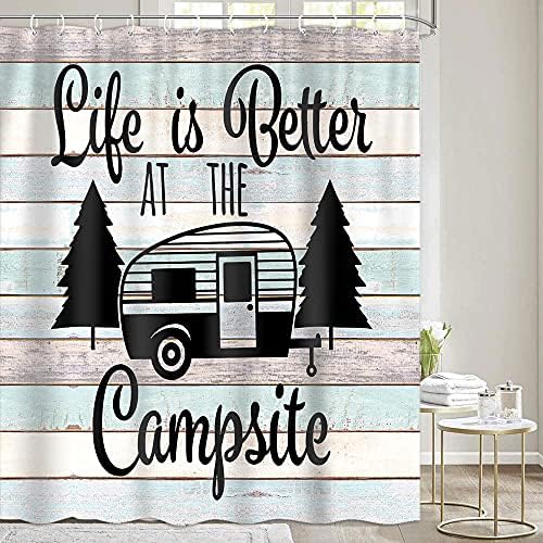 Itapnoom Happy Camper RV zavjesa za tuširanje za putne prikolice kupaonica, kampiranje uskih tkanine zastori za tuširanje postavljaju