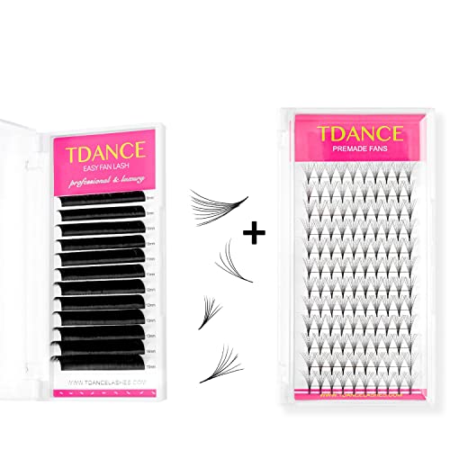 Tdance Easy Fan Lash Extensions Thickness 0.07 D Curl Mix 8-15mm + Premade Fans Eyelash Extensions 10d D Curl 0.07 thickness Middle Stem 8-15mm mješovita dužina