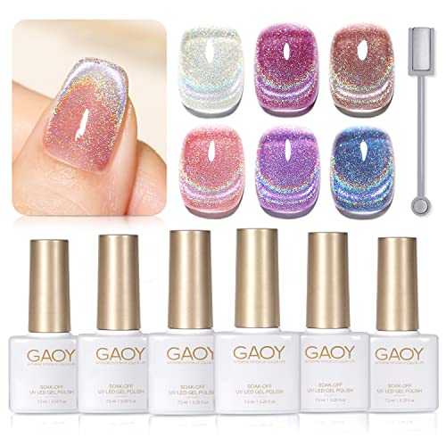 Gaoy Rainbow Glitter Cat Eye gel Set lakova za nokte, 6 holografskih Sparkle Colors gel komplet za nokte za Nail Art Diy manikir i pedikir kod kuće