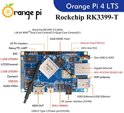 Narančasta PI 4 LTS 3GB LPDDR4 Rockchip RK3399 Six Core Arch 64 bit sa 16GB EMMC, Jednobojni računar Pokreni Android, Ubuntu, Debian OS