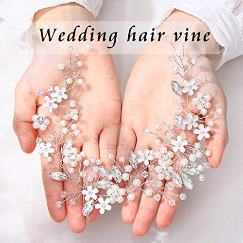 Unsutuo Bride Wedding Hair Vine Silver Pearl Flower Bridal Headband Crystal Hair Accessories za žene i djevojčice