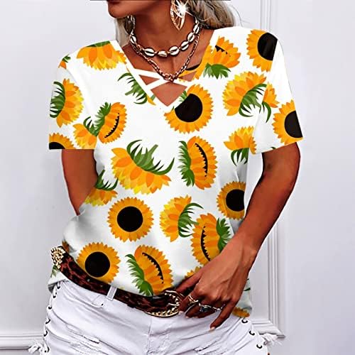 Suncokret print Criss Cross Tops za žene V izrez kratkih rukava gradijentni vrhovi bluza 2022. ljetne bazičke majice tunika