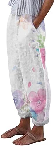 Ženske pamučne posteljine casual pantalone udobne cvjetne ispise ljetne hlače na plaži Elastični struk prozračne boho pantalone sa